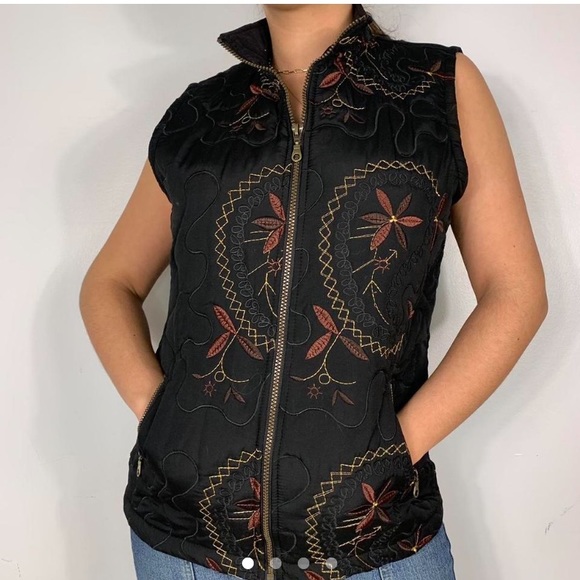 VINTAGE BROWN AND CREAM FLOERS EMBROIDERY BLACK PUFFER VEST JACKET - Picture 2 of 4